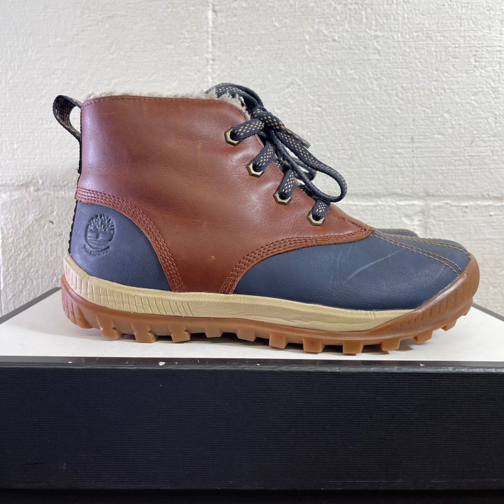 Timberland A3649 Duck Boots Brown Navy Leather Faux Shearling Lace up Women's 7
